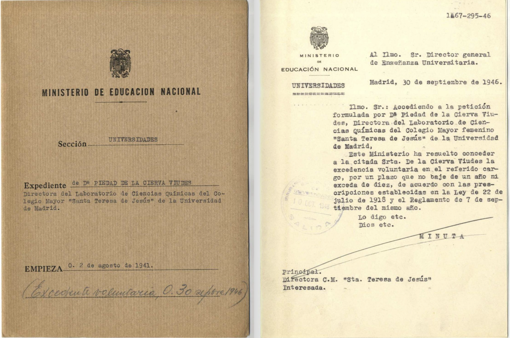 Expediente de Piedad de la Cierva como Directora de Laboratorio de Ciencias Químicas. AGA,31,01605,00048.